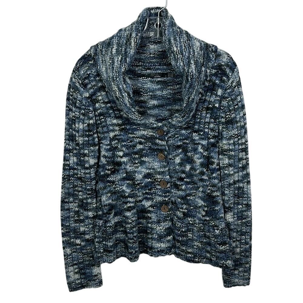 Prana Marled Blue Gray White Button-Up Chunky Knit Cardigan Sweater Women's M